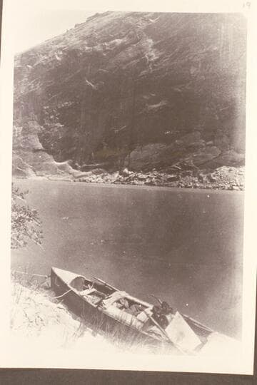 "Views on the Colorado River," Glen Canon Series. The photo shows the "Canonita" moored to the bank in Glen Canyon during the run from the Dirty Devil River to Lees Ferry in 1872, June-July