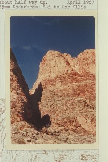 The Redwall gulley on Brahma from below. The route goes up the ledge on the right and into shaded area about half way up