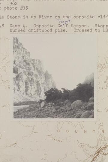 Upstream from camp opposite Teapot Canyon at Mile 202.8. 303 Mile Stone is up river on the opposite cliff. 202.8, Camp 4. Opposite Teapot Canyon. Stopped right bank, burned driftwood pile. Crossed to left bank to camp