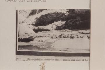 Characteristic limestone beds. In mouth of Clearwater Canyon at Mile 191.9, right bank