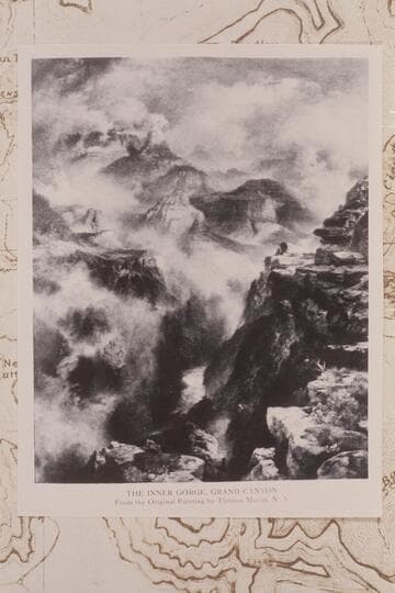Up Grand Canyon from area of Plateau Point. B&W copy of color reproduction of painting by Thomas Moran
