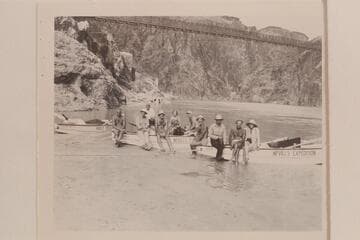 The 1948 Nevills party on the run between Lees Ferry and Bright Angel Creek. L to R: Masland, Bestor Robinson, Wayne Hiser, Garth Marston, Lucile Hiser, Moulty Fulmer, Dock Marston, Frank Wright, Norm Nevills and Florence Robinson