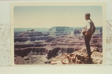 Donald G. Davis on summit of Brahma Temple.  Isis and Shiva are at left and center