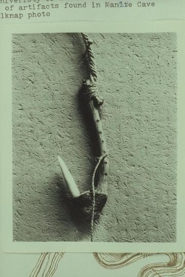 Fish hook and line from cave in Yampa Canyon. Now in University of Colorado Museum, Boulder, Colorado. Typical of artifacts found in Mantle Cave