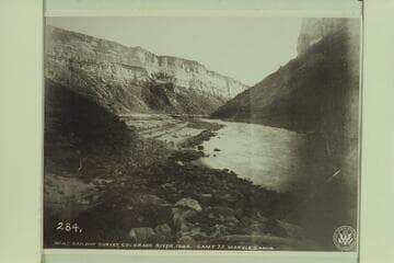 Below Soap Creek Rapid looking upstream from right bank. Also captioned: Camp at Lower End of Sand Bar