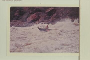 The "Triangle" in Vulcan Rapid demonstrating the remarkable stability of the Turbocraft as Jim Bechtel drives it out of the rough water. Bob Valentine is riding