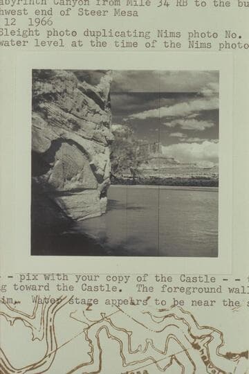 Up Labyrinth Canyon from Mile 34 right bank to the butte off the southwest end of Steer Mesa. Sleight photo duplicating Nims photo No. 17 of 1889. The water level at the time of the Nims photo was about 1 ft. higher