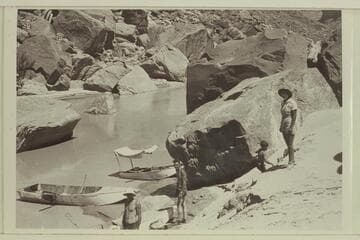 San Juan River trip of 1938. Two of the 15 foot and the 10 foot folding boats appear. L to R: ___, Kent Frost, Jackie Frost and Elzada Clover