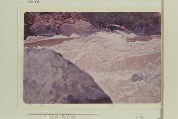 The "Triangle" heading into Vulcan Rapid with Jim Bechtel driving and Bob Valentine riding. Bechtel is off course to the right about 25 ft. and this got him into trouble when he topped the first wave