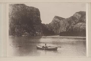 The Kolb boats on Green River. Identified by Emery Kolb as Flaming Gorge. The scene is below Flaming Gorge and just below Sheep Creek near the head of Hideout Park or Hideout Flat