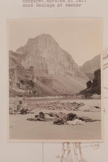 Upstream from camp at mouth of Whitmore Wash. Margaret Marston at left and Anne Desloge at center