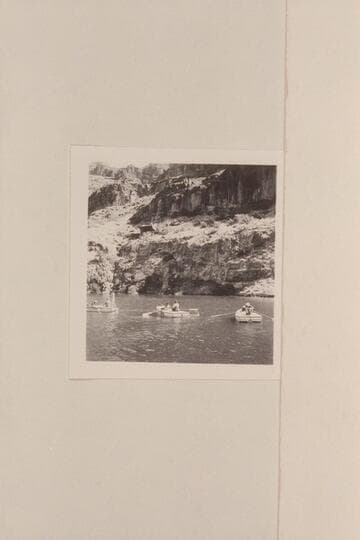 Nevills boats and crews posed for pictures at the head of Lake Mead. Left to right: Nevills; Miss Clover; Kolb; Bell; Miss Jotter; Reed; Gibson