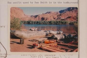 The Hatch boloneys with their dangerous oar pins showing on the superstructures. Rigging at Lees Ferry. The outfit used by Ron Smith is in the background