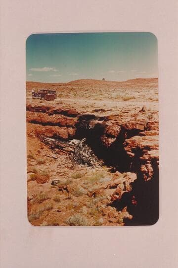 The wreck of the Nevills plane immediately after the crash. The plane struck the ledge a few feet below the top and was consumed by fire. Norm and Doris died in the wreckage. The location is near Mexican Hat on the San Juan River