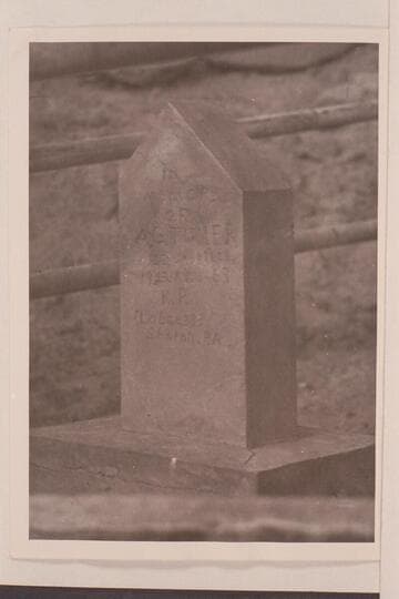 Headstone of Alonzo G. Turner's grave on California Bar in Glen Canyon. Turner died on the Bar and was buried in a trench that he had himself dug. Arth Chaffin cast the headstone at Hite, brought it down by boat, erected it on a cement base