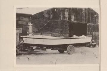 Albert Jagerson's motor boat, 22 ft. long with sheet metal bottom on wooden hull. Tunnel boat used on River at time of construction of Hoover Dam. Later remodeled and taken to Mormon Lake