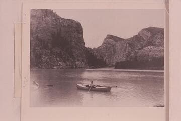 The Kolb boats on Green River. Identified by Emery Kolb as Flaming Gorge. The scene is below Flaming Gorge and just below Sheep Creek near the head of Hideout Park or Hideout Flat