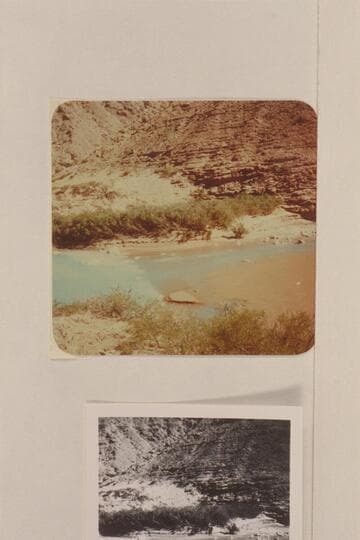 The clear water of the Little Colorado flowing into the muddy water of the Colorado River at the head of the Grand Canyon. The light blue at the left is due to the salt deposit on the bottom of the lagoon at the mouth of the Little Colorado