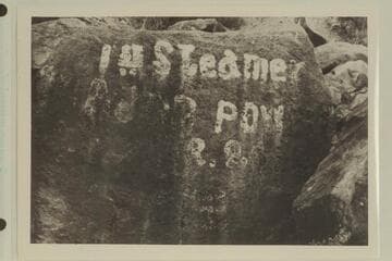 Painted record of the steamer "Major Powell" near head of Cataract Canyon. Photo by Nevills party