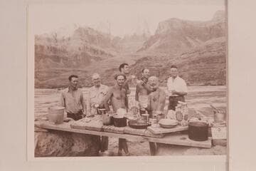 The men of the Nevills party in Grand Canyon- Lees Ferry to Bright Angel Creek. L to R: Frost, Henderson, Nevills, Garth Marston, Milotte, Marston and Farquhar. At the foot of the Tanner Trail