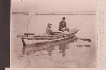 Russell and Monett at Needles. End of traverse of Grand Canyon which began at Greenriver, Utah, 1907, Sep. 20 and ended at Needles 1908, Feb. 08