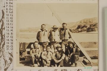 Members of the Dusty Dozen crew after completing their cruise from Lees Ferry to Boulder Dam. Upper: Russell G. Frazier, Clyde Eddy and Frank Swain. Lower: Alt Hatch, Royce Mowrey, Bus Hatch and W. J. Fahrni