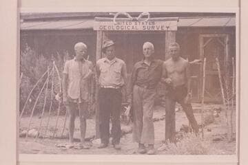 Crew of the party through Glen Canyon in 1938, July. Harold Hartshorne, Jr.; Nelson Rust; Dave Rust; L. F. H. Lowe. Lees Ferry