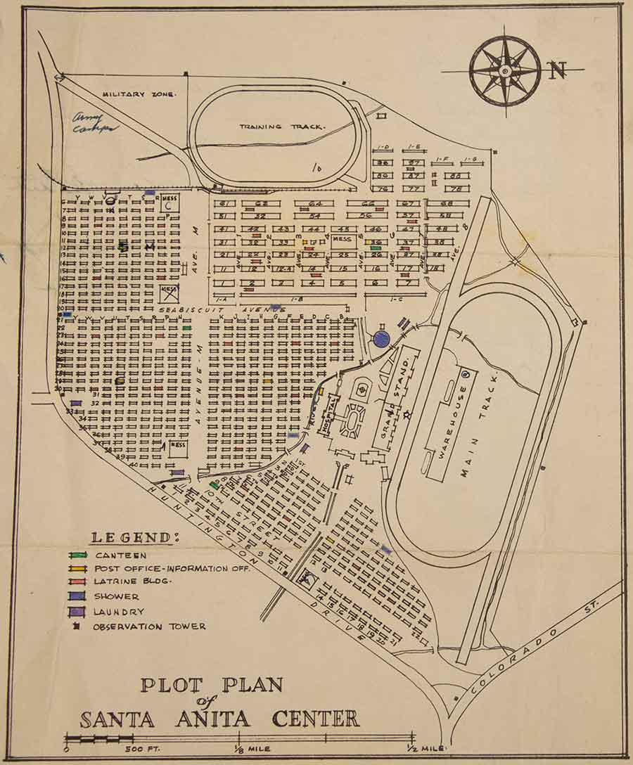 Plot plan of the Santa Anita Assembly Center, 1942, Arthur Ito papers. Assembly centers were created to house Japanese Americans temporarily until they could be transported to internment camps. The Santa Anita racetrack in California was one of the largest assembly centers in the nation, housing approximately 18,000 Japanese Americans. The Huntington Library, Art Museum, and Botanical Gardens.
