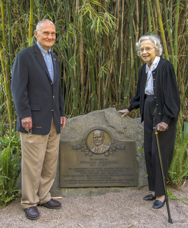 Midge Sherwood (at right), the founding president of the San Marino Historical Society, was responsible for the creation of the original memorial plaque. She stands alongside the new plaque with Oskar Thurnher, the son of Hertrich’s good friend Armin Thurnher. Photo by Martha Benedict.