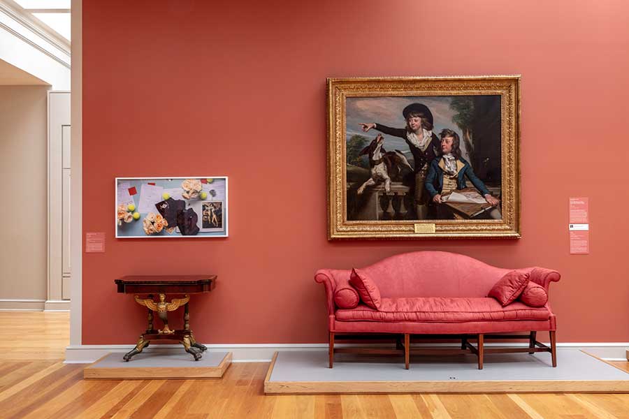 Buck Allison’s photograph Untitled (Cufflinks), left, appears alongside John Singleton Copley’s The Western Brothers in The Huntington’s Virginia Steele Scott Galleries of American Art. Buck Ellison, Untitled (Cufflinks), 2020, archival pigment print, 21 7/8 × 41 in. (55.6 × 104.1 cm). Courtesy of the artist, Balice Hertling, Paris, and Sunday Painter, London. Photo by Joshua White.